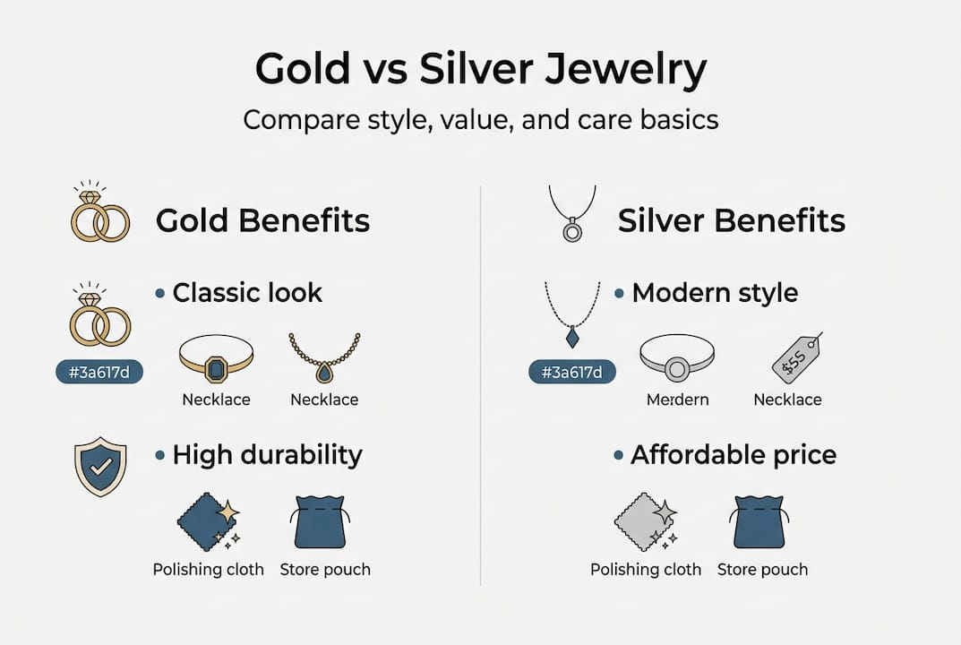 Infographic comparing gold and silver jewelry features