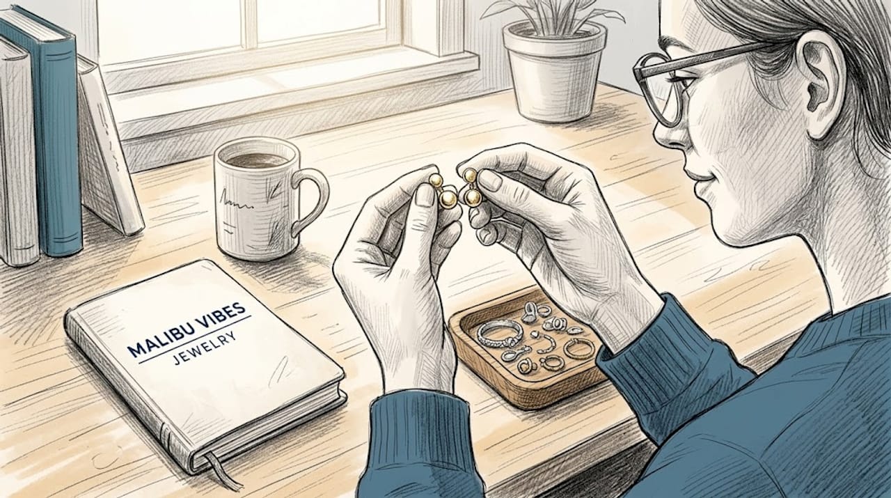 Hands inspecting 14k gold earrings at desk