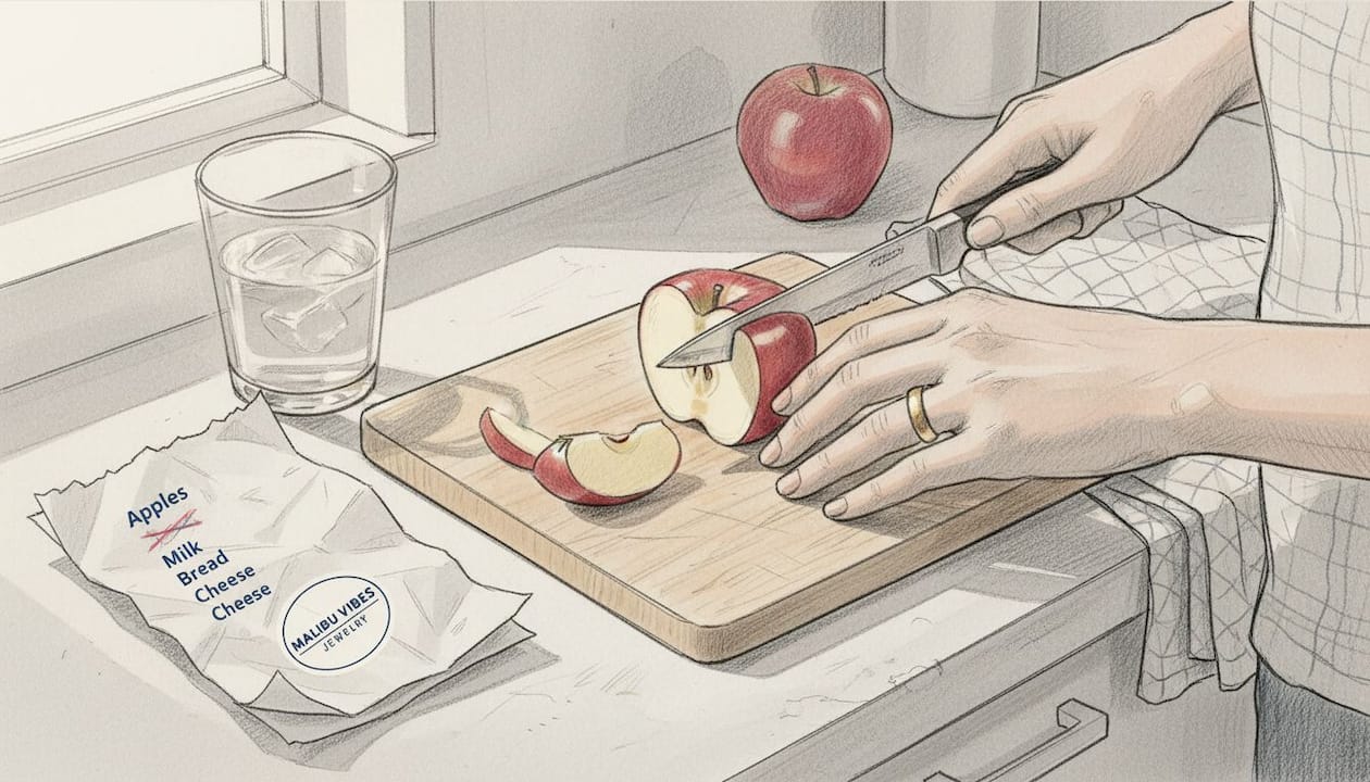 Close-up gold ring worn slicing apples