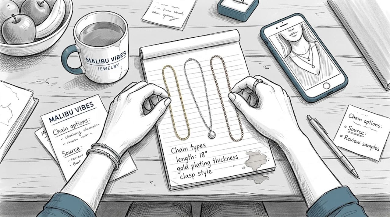 Selecting supporting necklaces on kitchen table