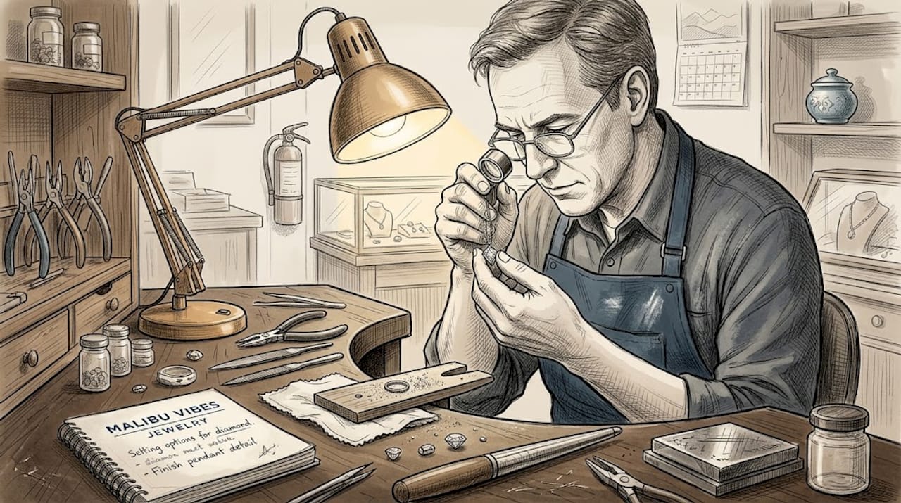 Jeweler inspecting diamond pendant at workbench