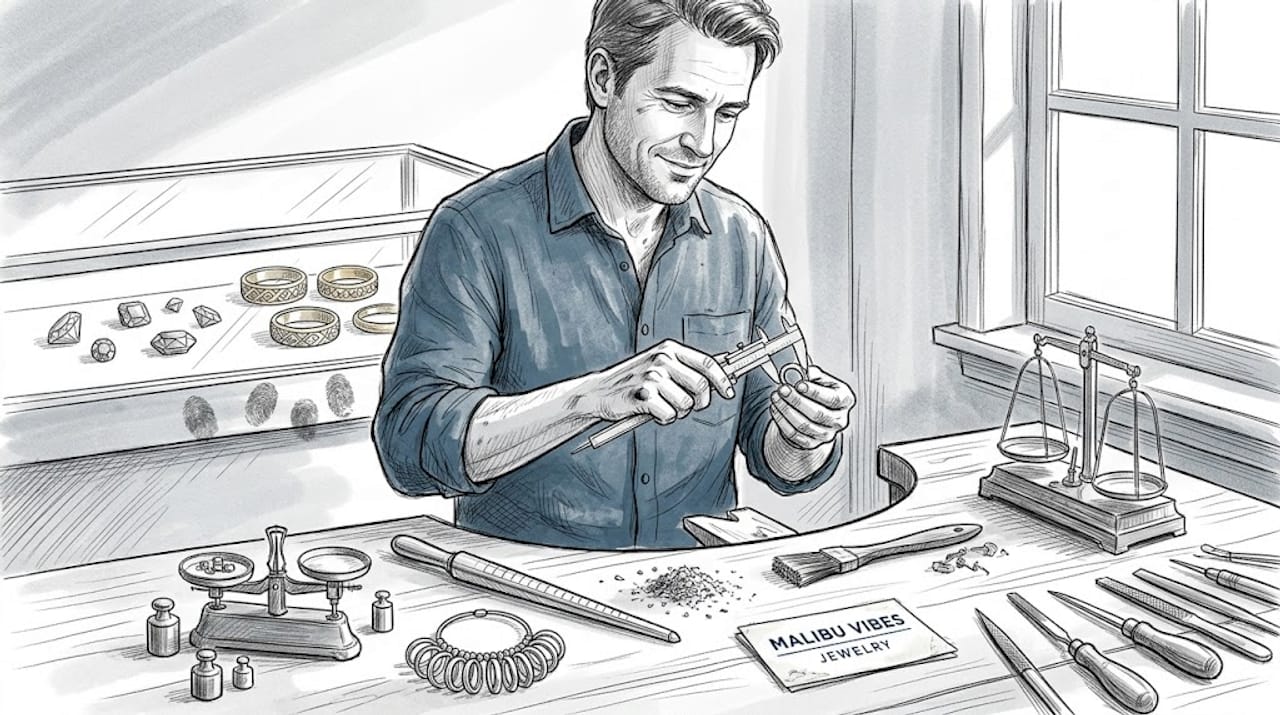 Jeweler measuring platinum band at worktable