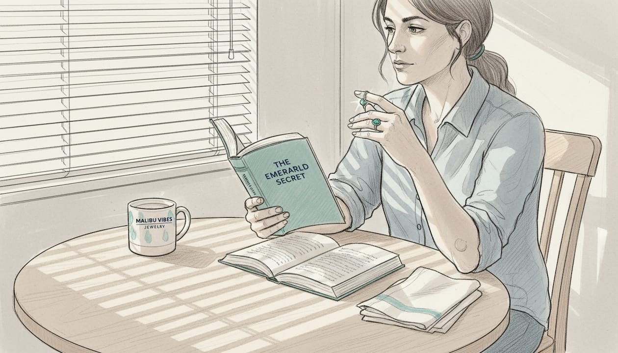 Person spinning a gemstone ring at table