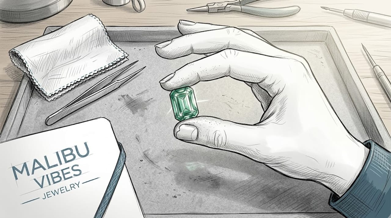 Hand holding emerald cut gemstone close-up