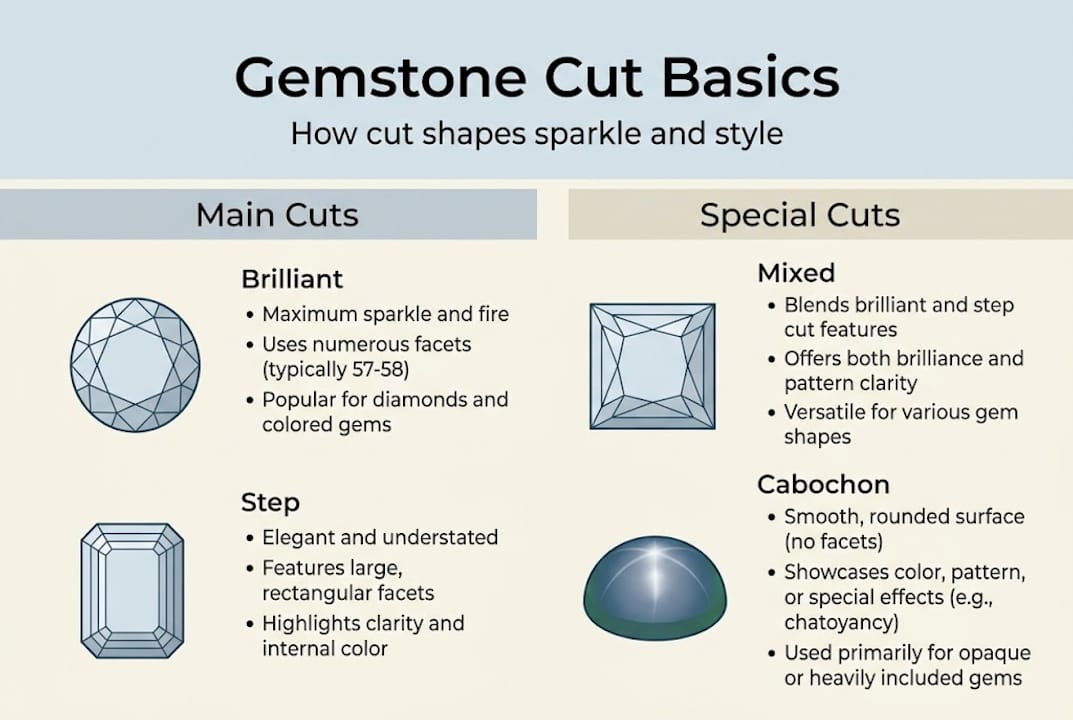 Infographic showing gemstone cut basics and styles