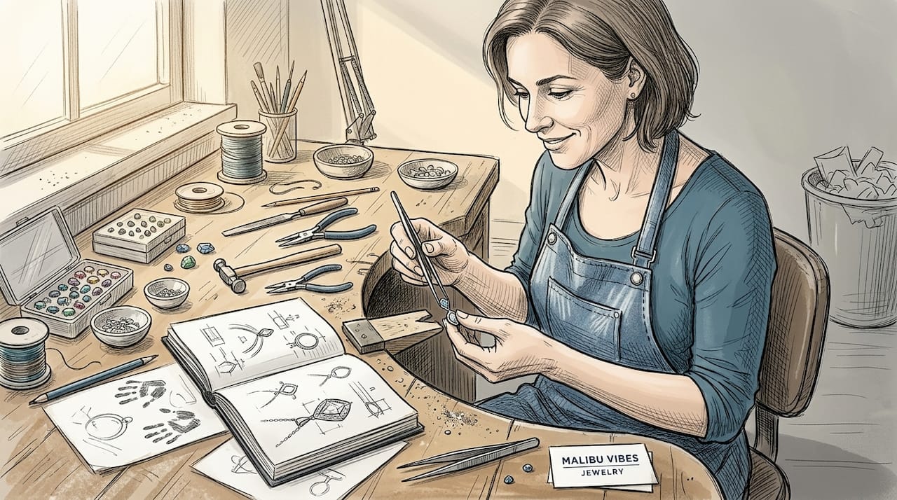 Designer creating jewelry at workshop bench