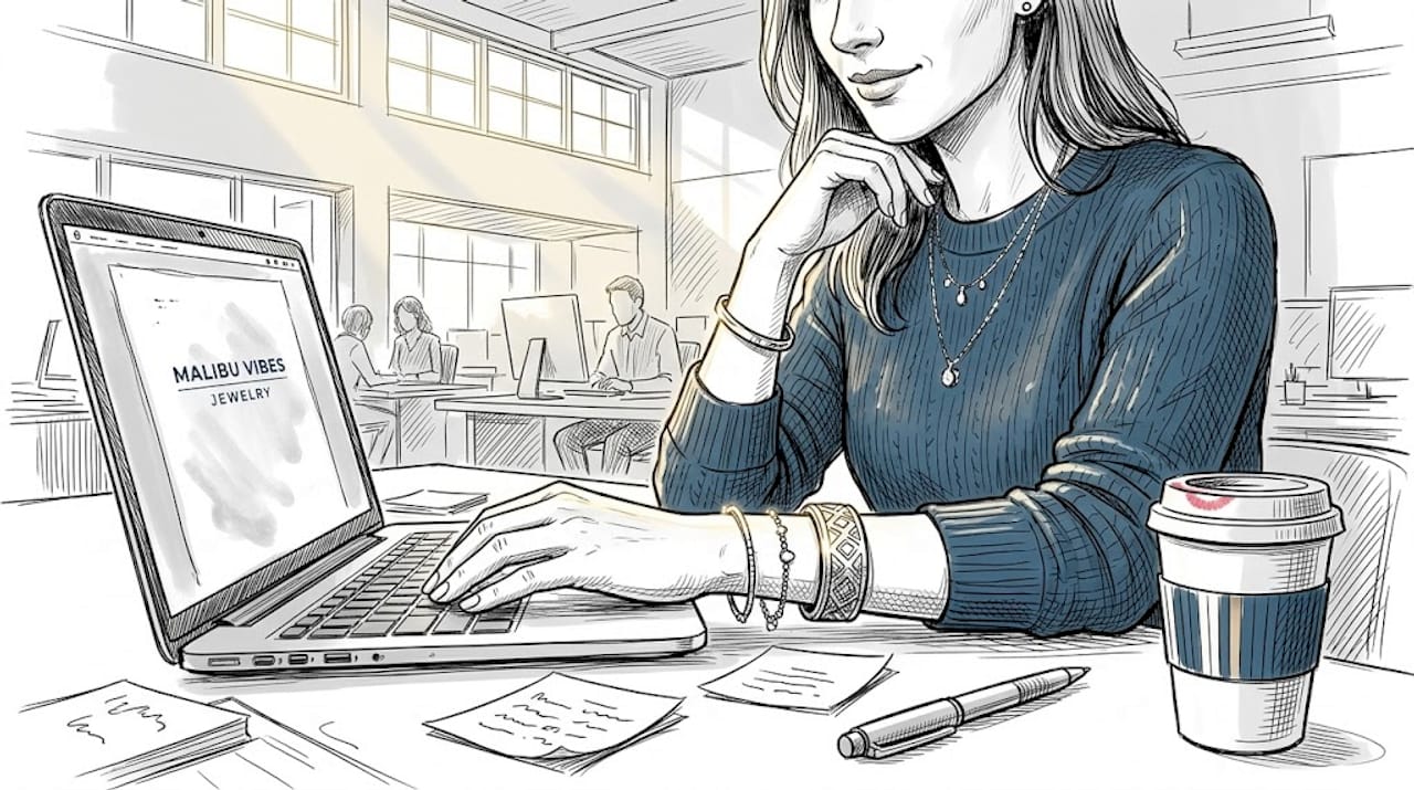 Businesswoman typing showing layered bracelets