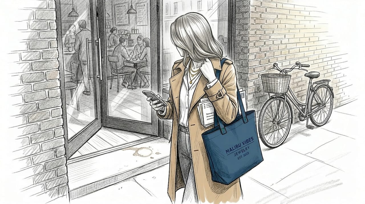 Woman with layered necklaces leaving café