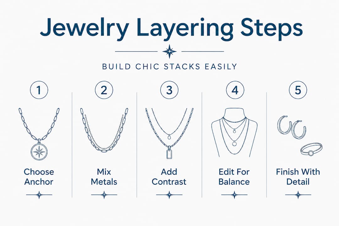 Infographic showing steps to layer jewelry