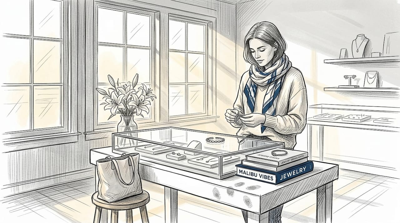 Customer examining bracelet at display table