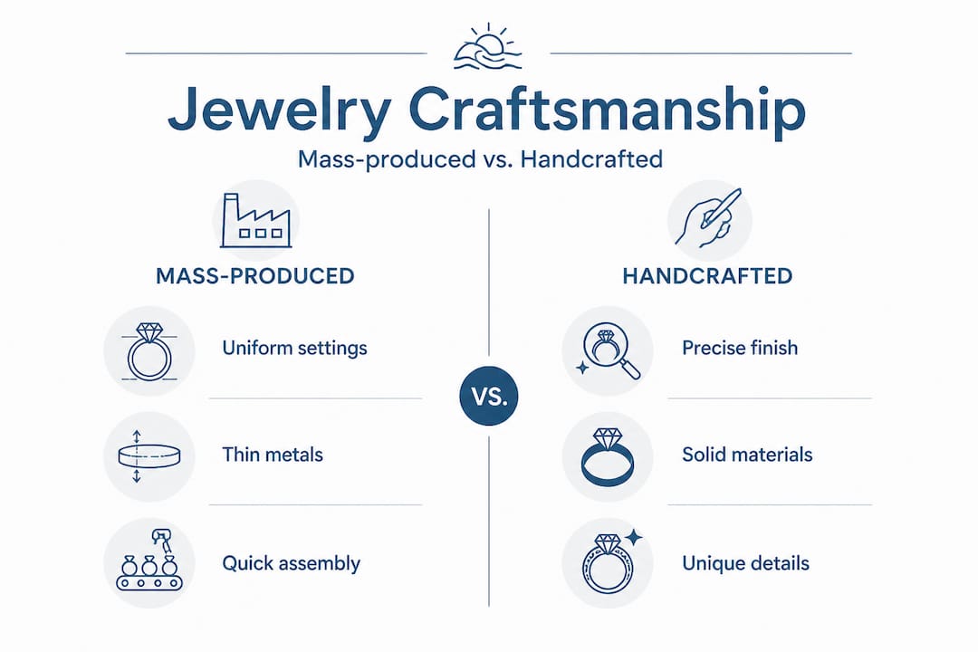 Infographic comparing mass-produced and handcrafted jewelry
