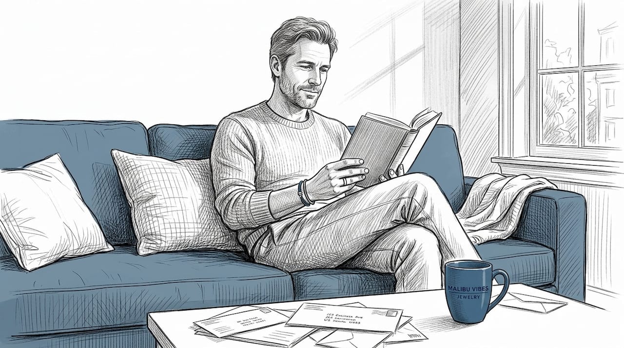 Man reading book with designer jewelry visible