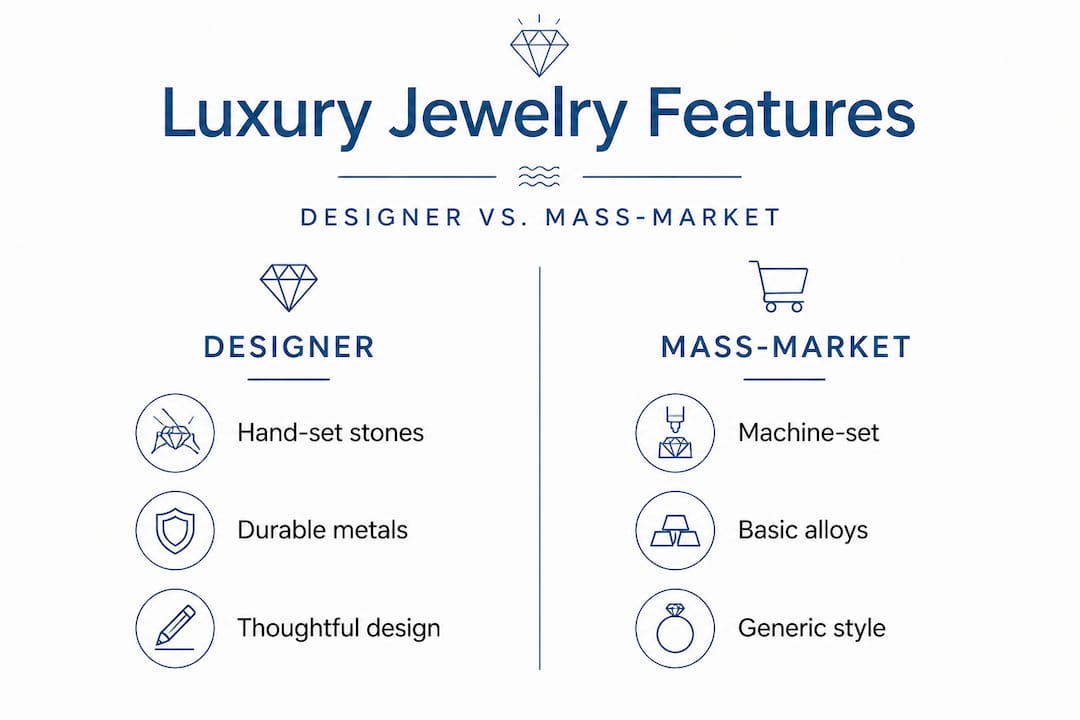 Infographic comparing designer and mass-market jewelry features