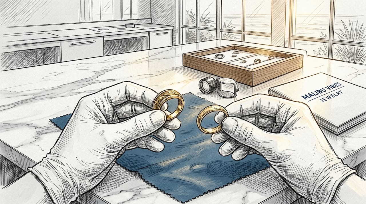 Hands inspecting solid gold and gold-plated rings