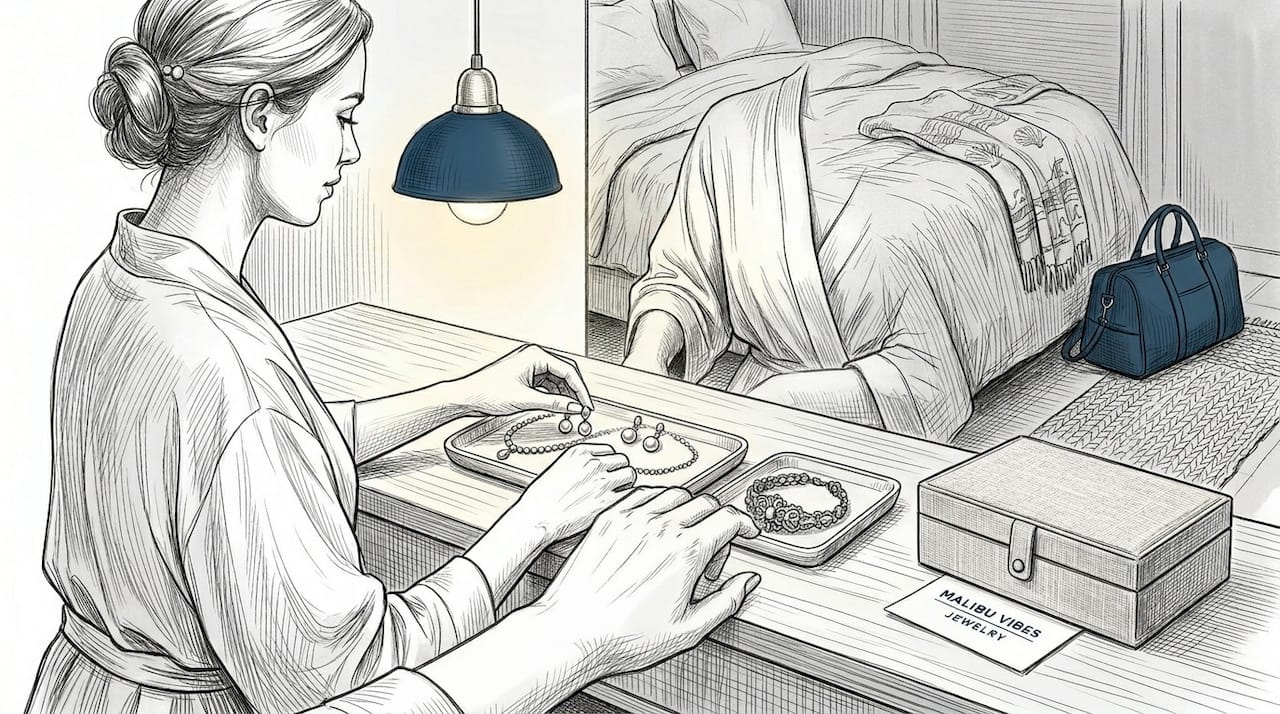 Bride organizing jewelry for wedding morning