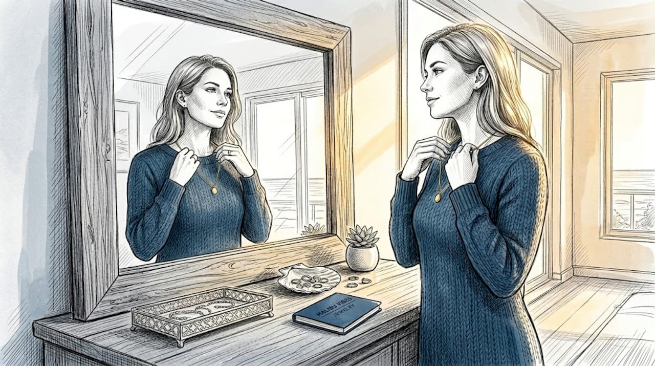 Woman putting on necklace in home mirror