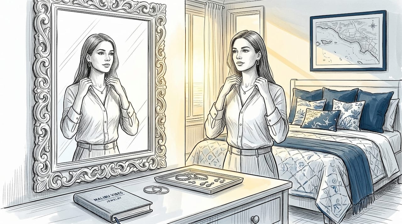 Woman putting on sterling silver jewelry in bedroom