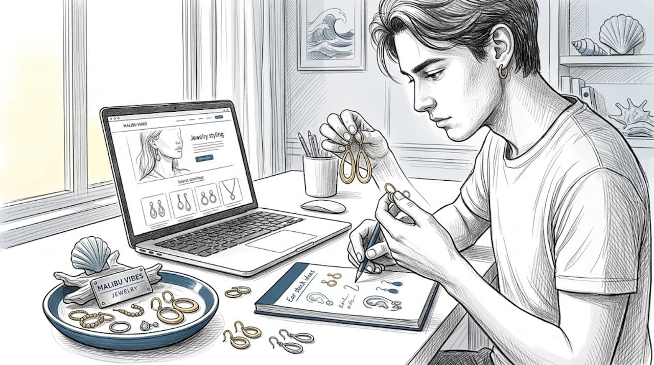 Hands arranging gold and silver earrings on desk