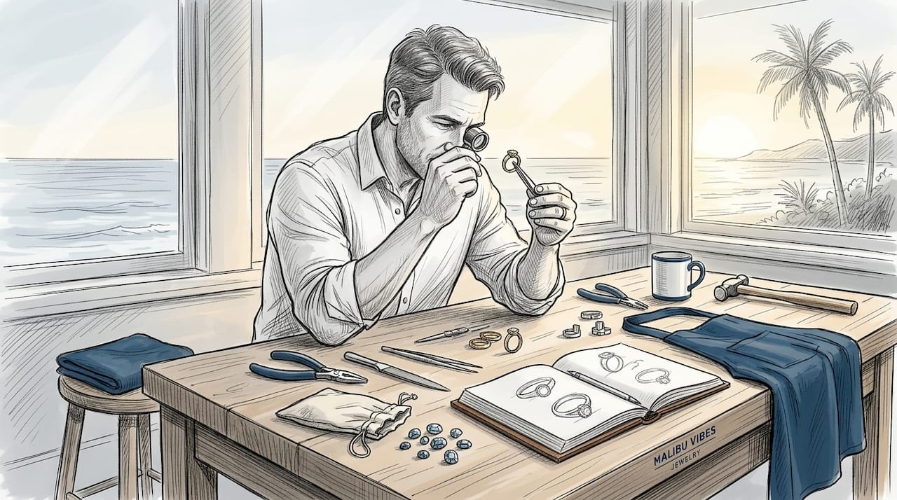 Jeweler inspecting gold ring at workbench
