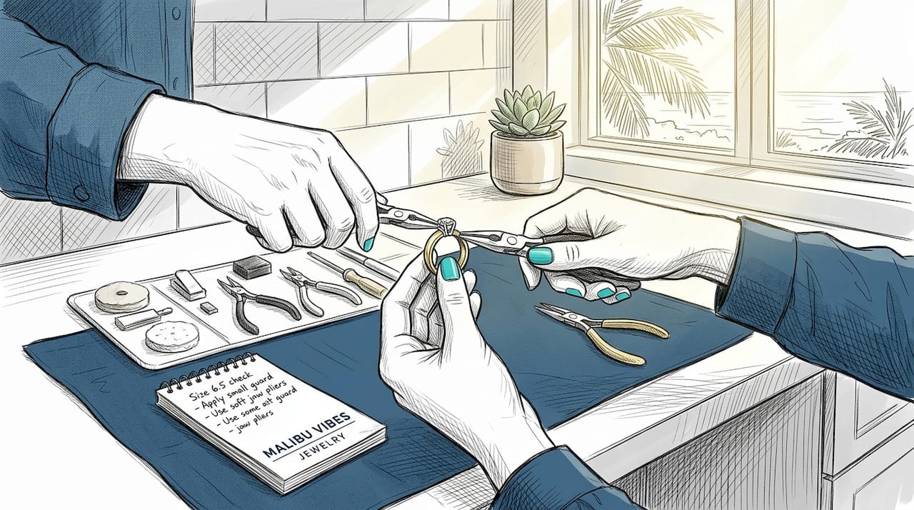 Hands fitting ring guard with tools on table