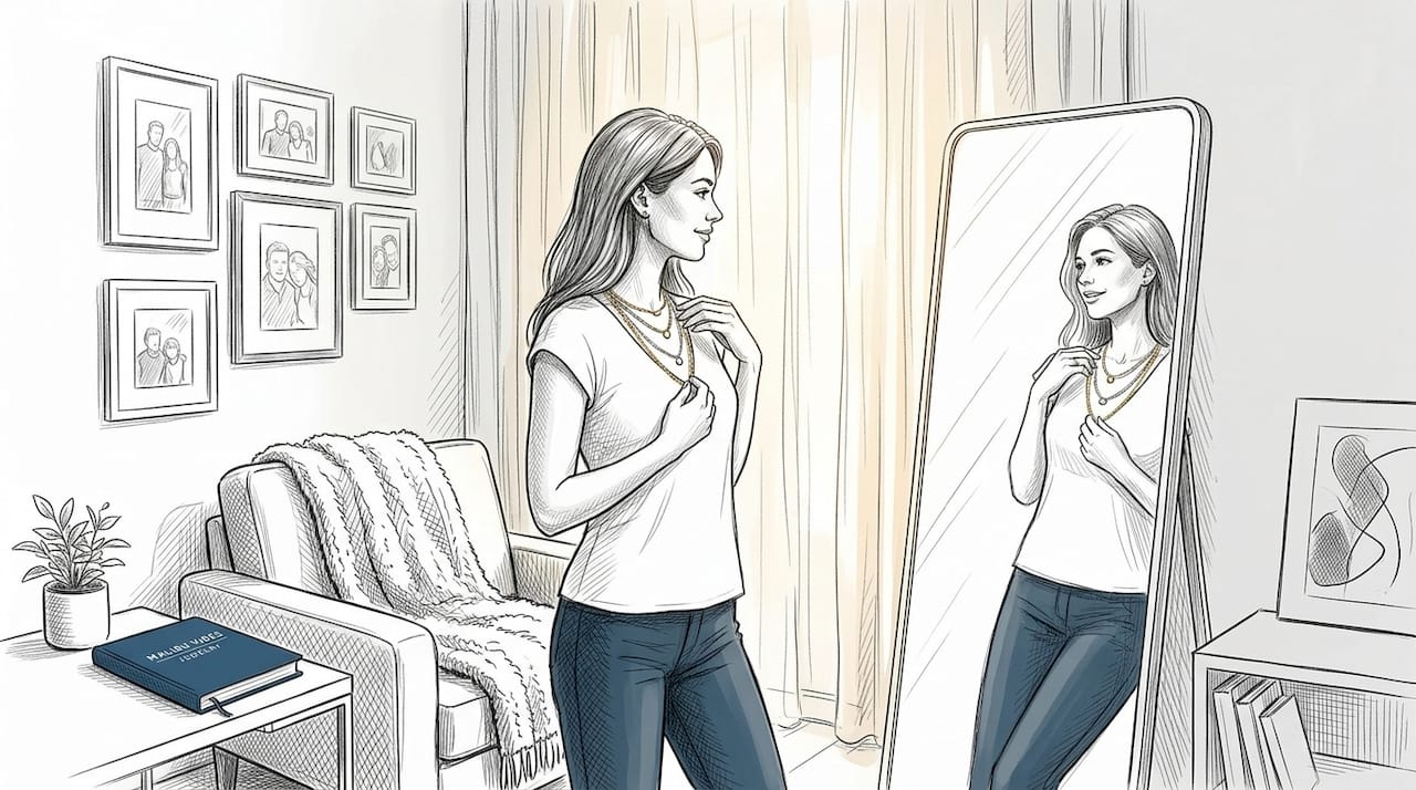 Woman adjusting layered necklaces in living room