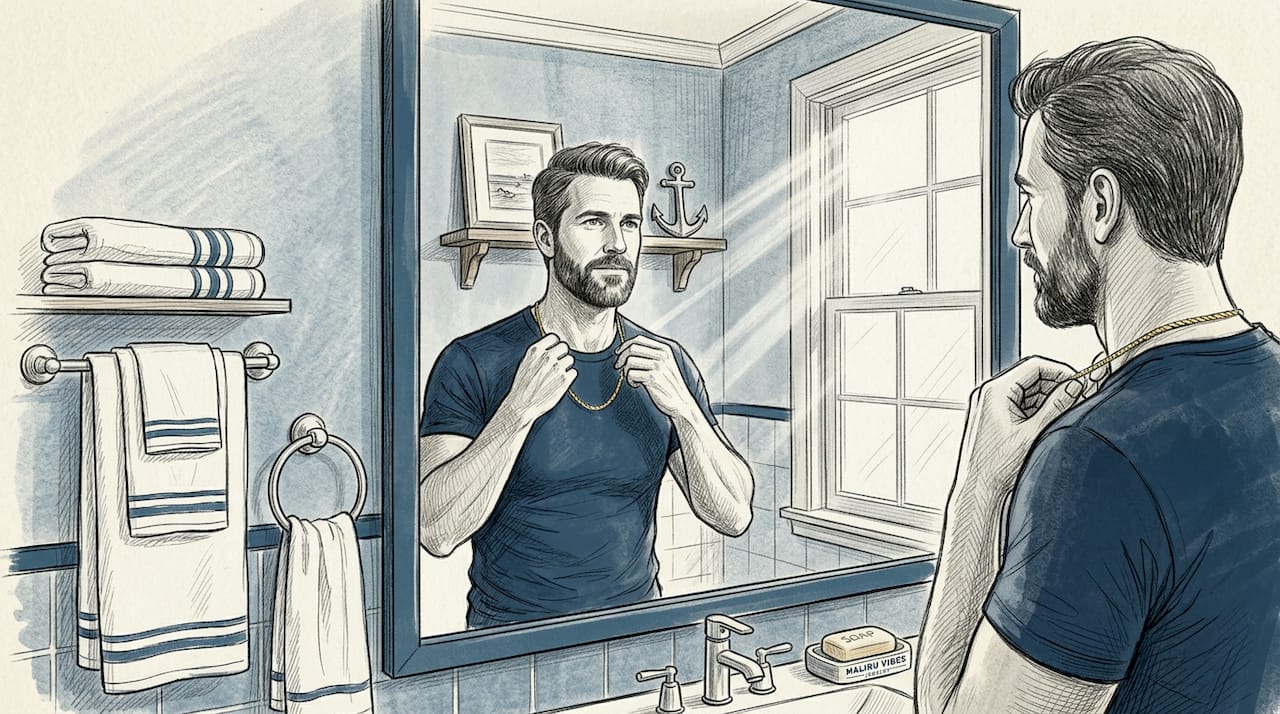 Man adjusting simple gold chain in bedroom
