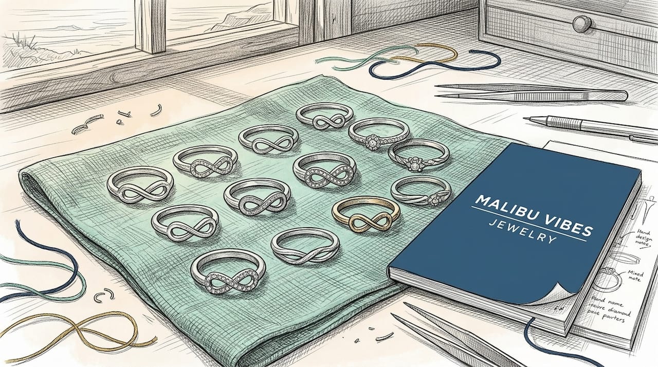 Assortment of infinity symbol engagement ring designs on artisan's mat