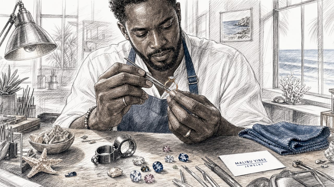 Jeweler examining 14K gold engagement ring in workshop