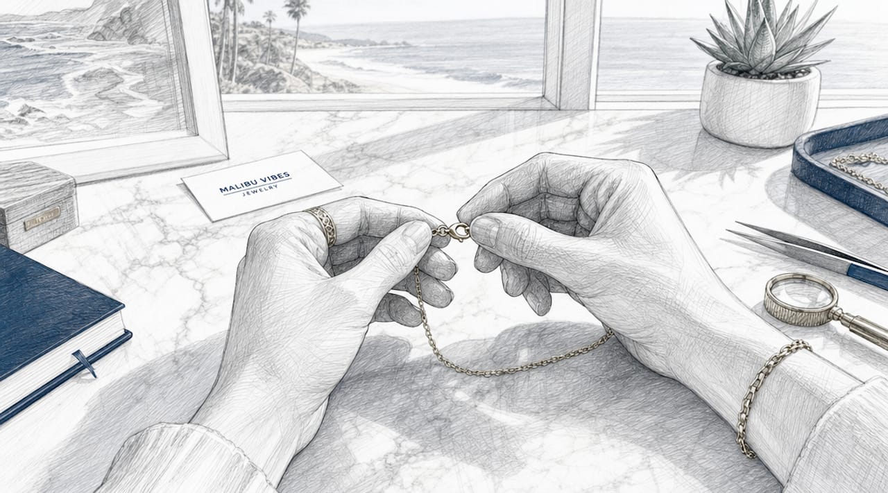 Jeweler examining gold necklace clasp close-up