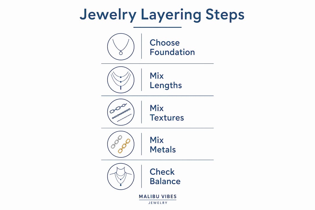 Infographic showing 5-step jewelry layering guide