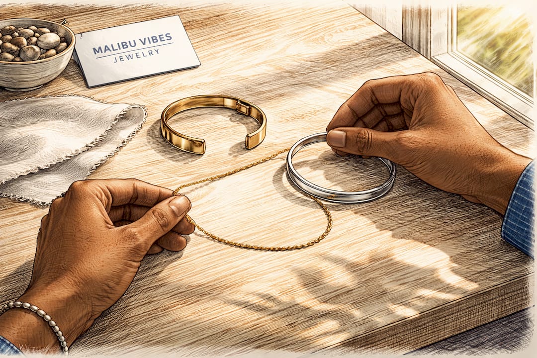 Hands arranging foundation jewelry pieces flat lay
