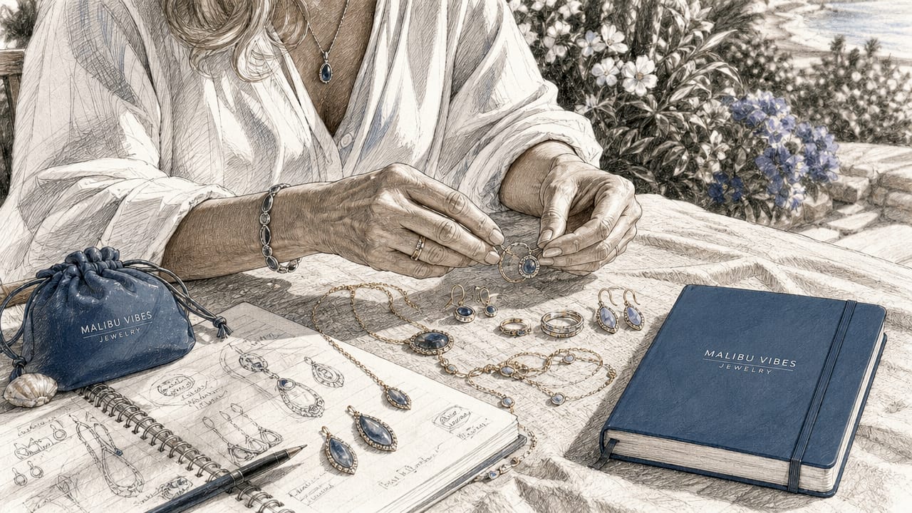Hands inspecting jewelry pieces on display cloth