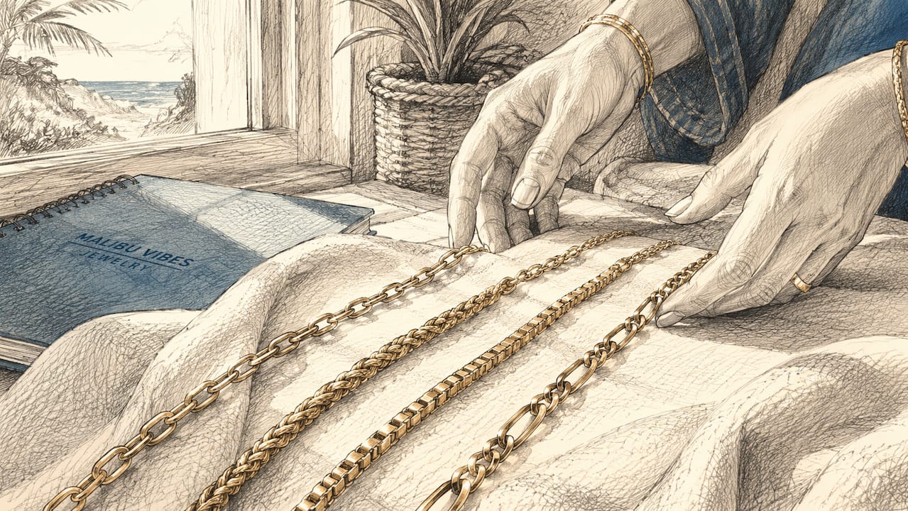 Close-up of different gold chain necklace styles