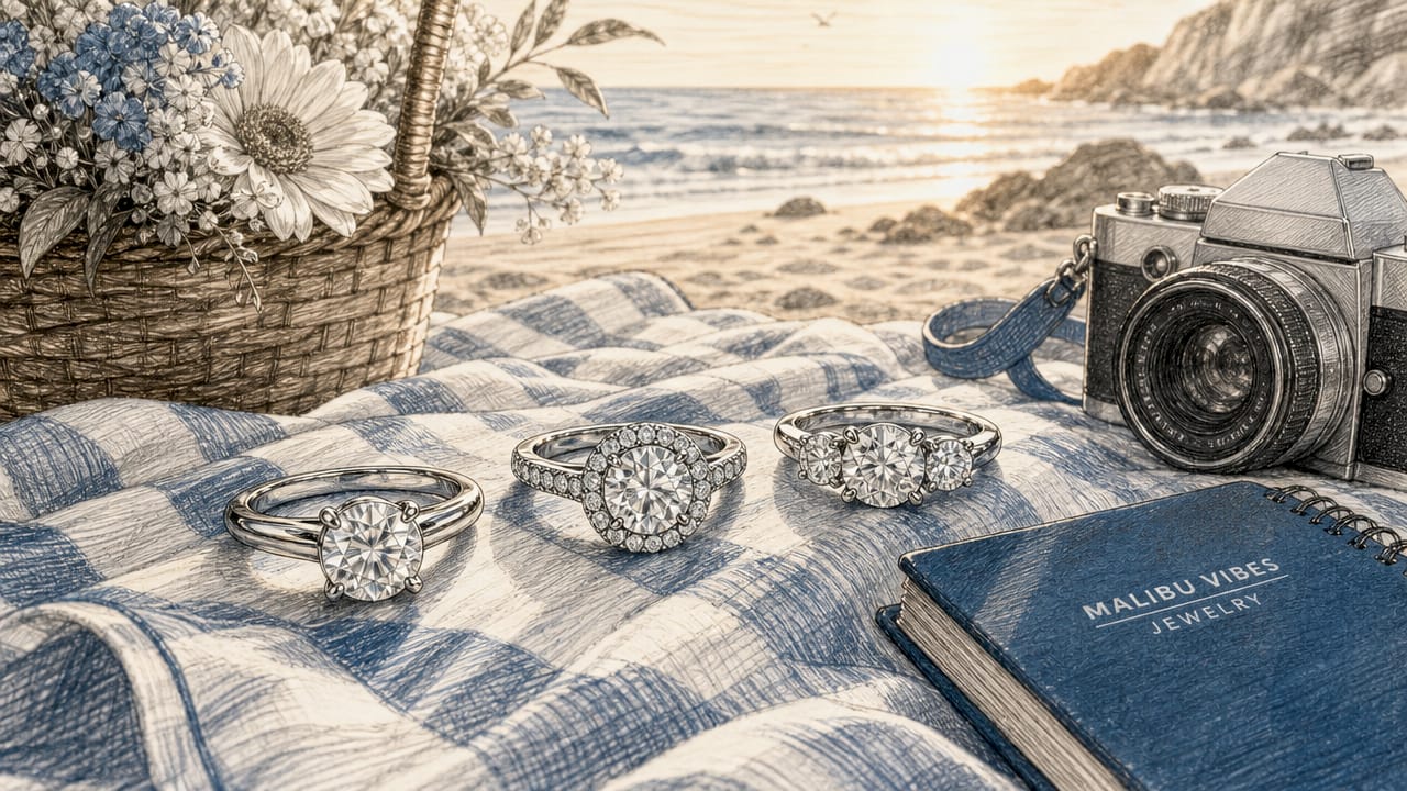 Three popular engagement ring styles on wooden table
