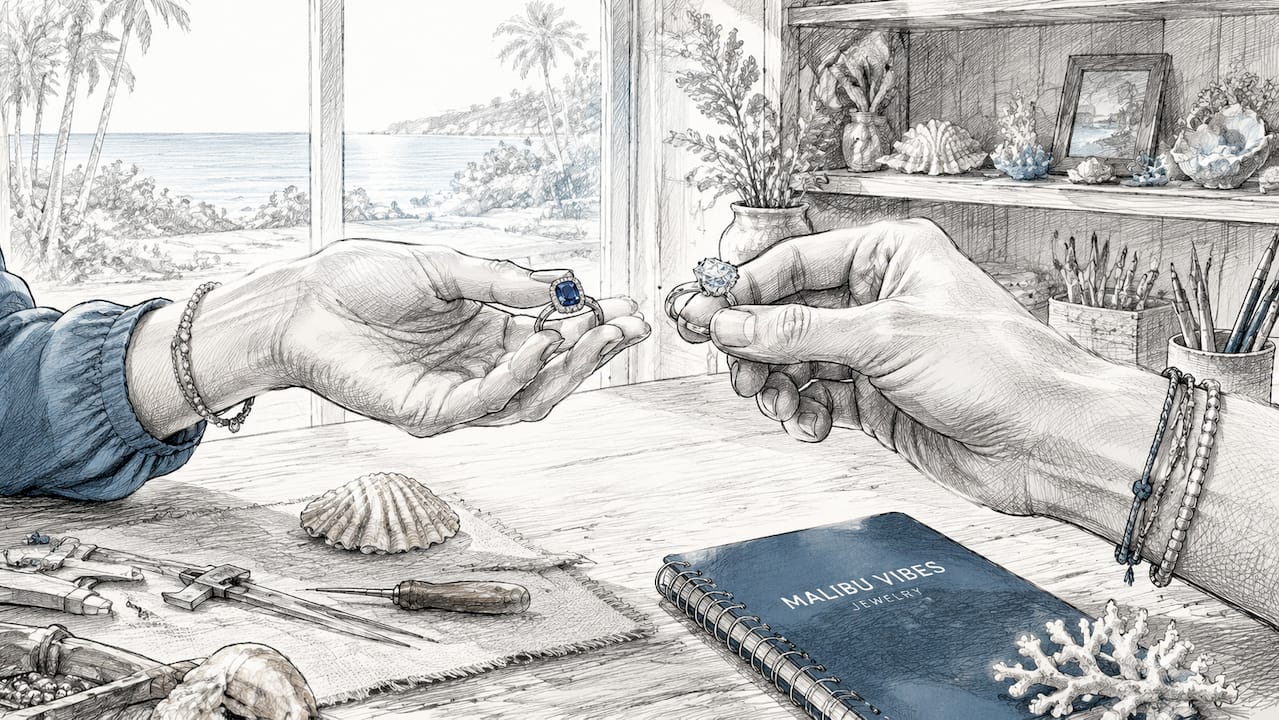 Hands comparing sapphire and diamond rings closely