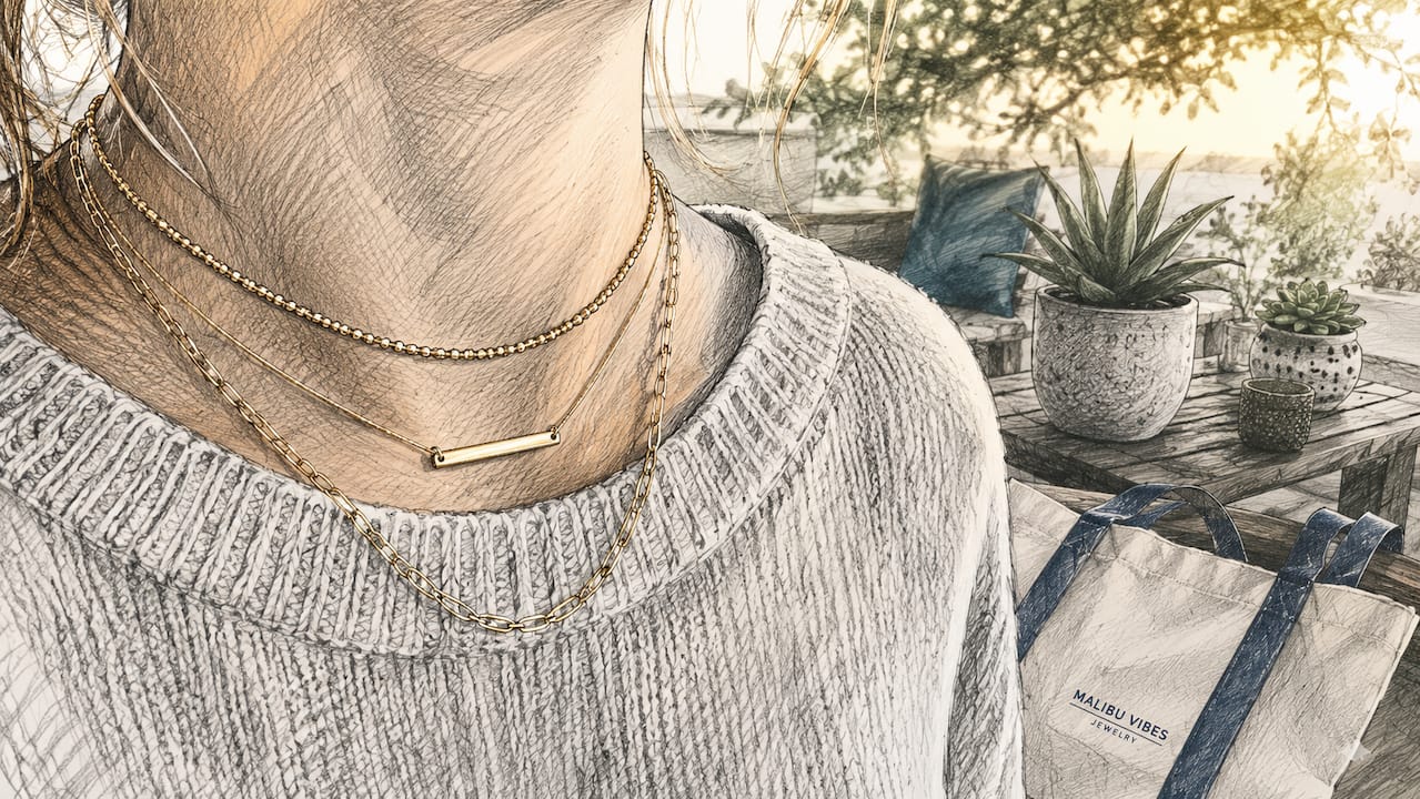 Close-up of layered minimalist necklaces