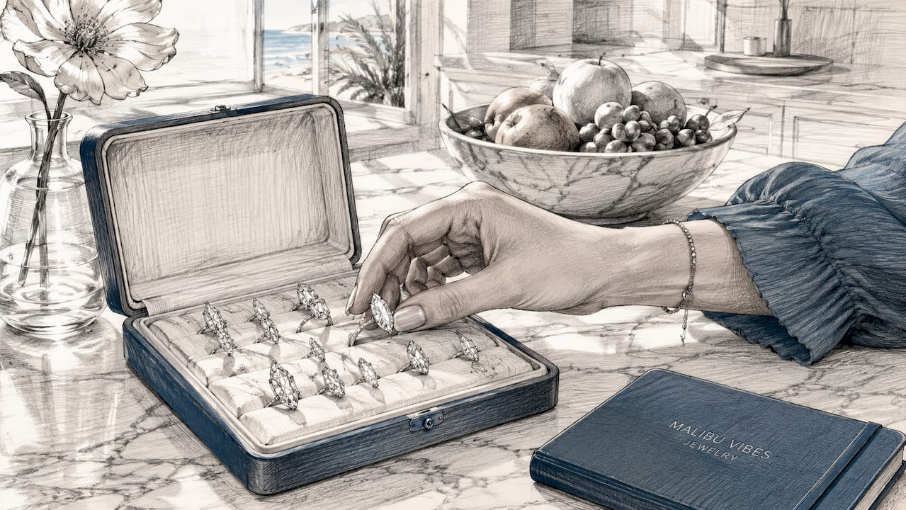 Woman selecting elongated diamond ring from box