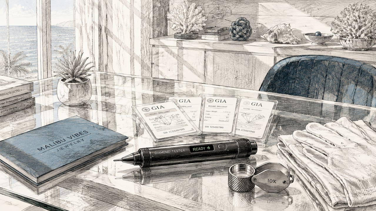 Diamond testing tools arranged on a wooden table
