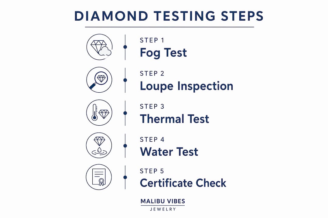 Infographic outlining step-by-step diamond authenticity tests