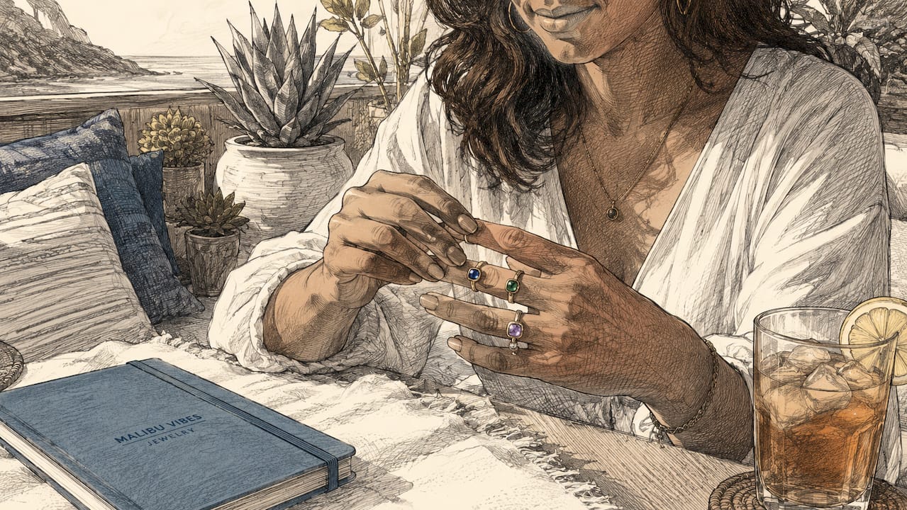 Woman stacking birthstone rings at café table