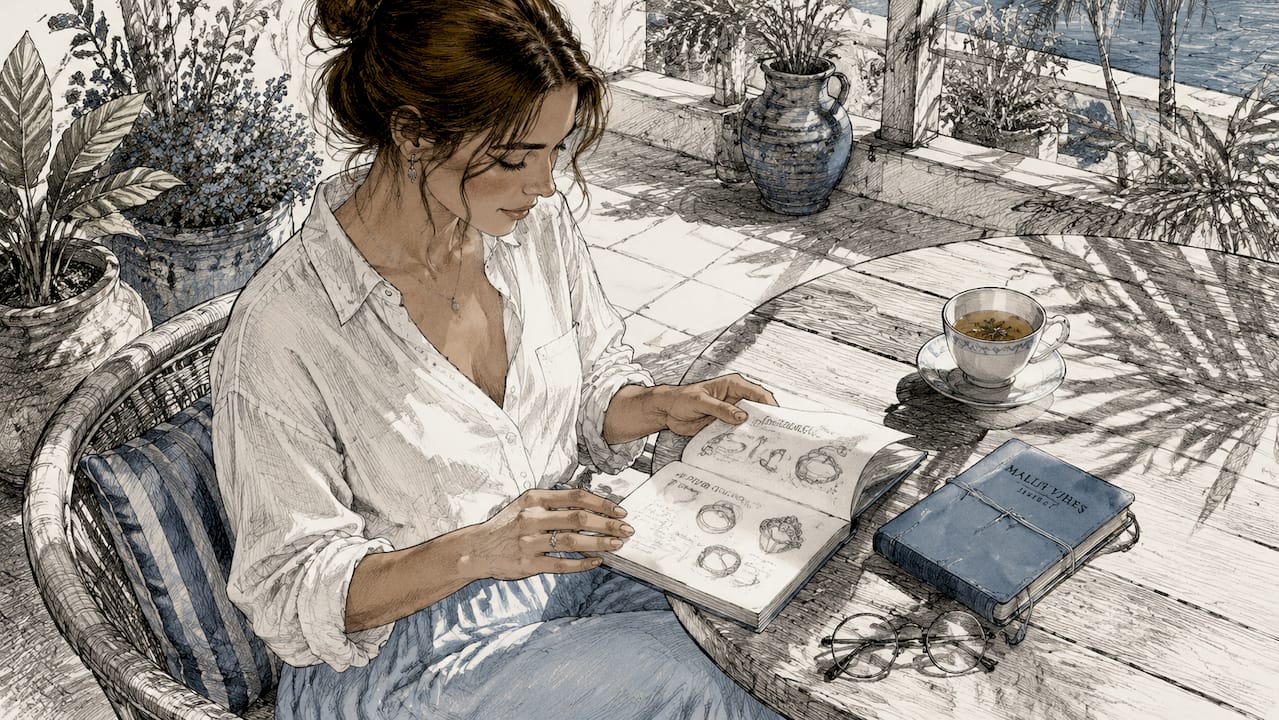 Woman reviewing vintage ring catalog in café