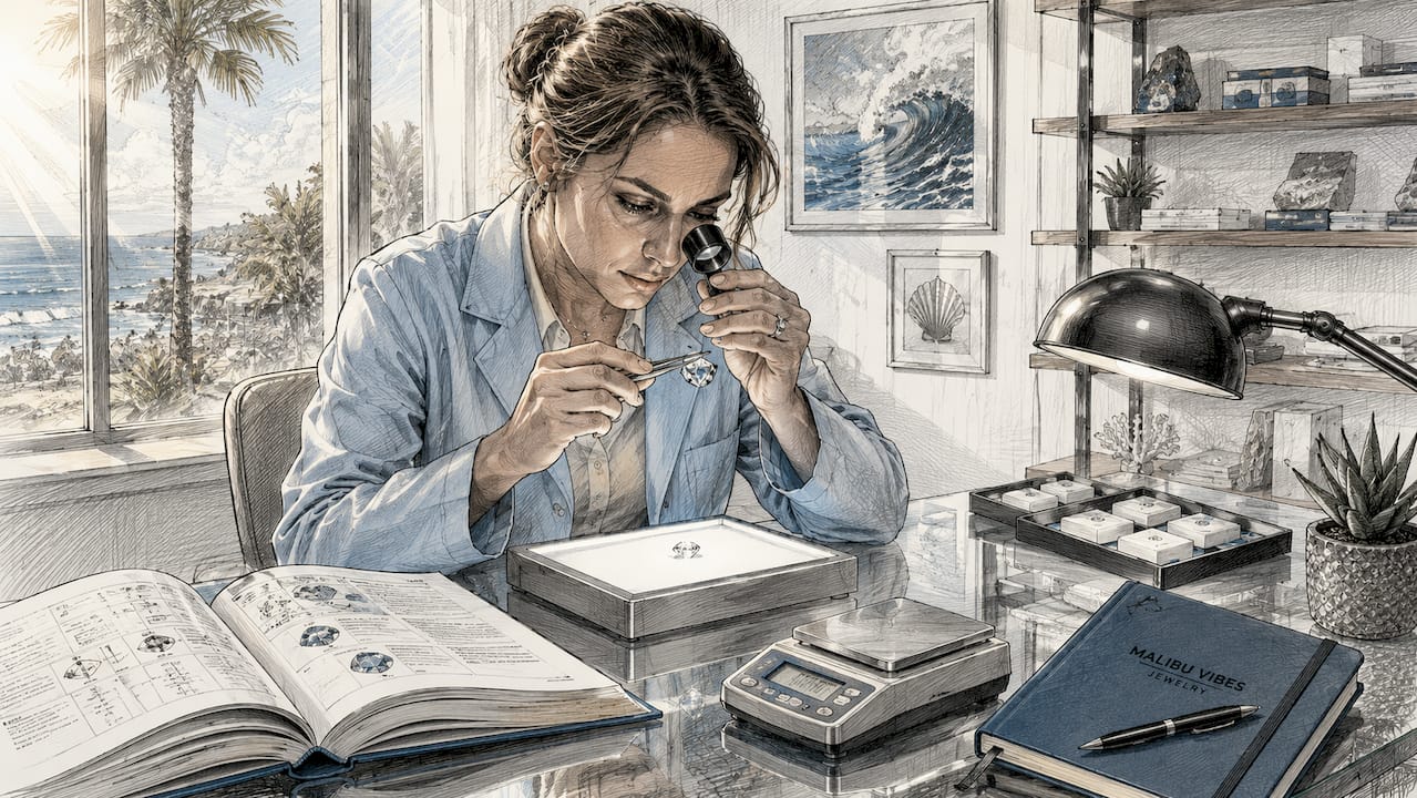 Gemologist examining diamond with loupe in lab