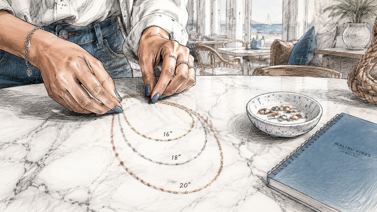 Close-up of hands layering necklaces
