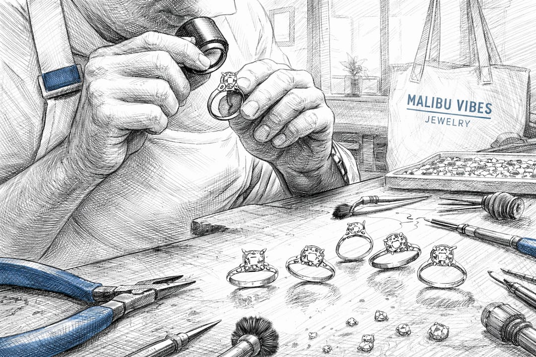 Jeweler inspecting solitaire diamond ring settings