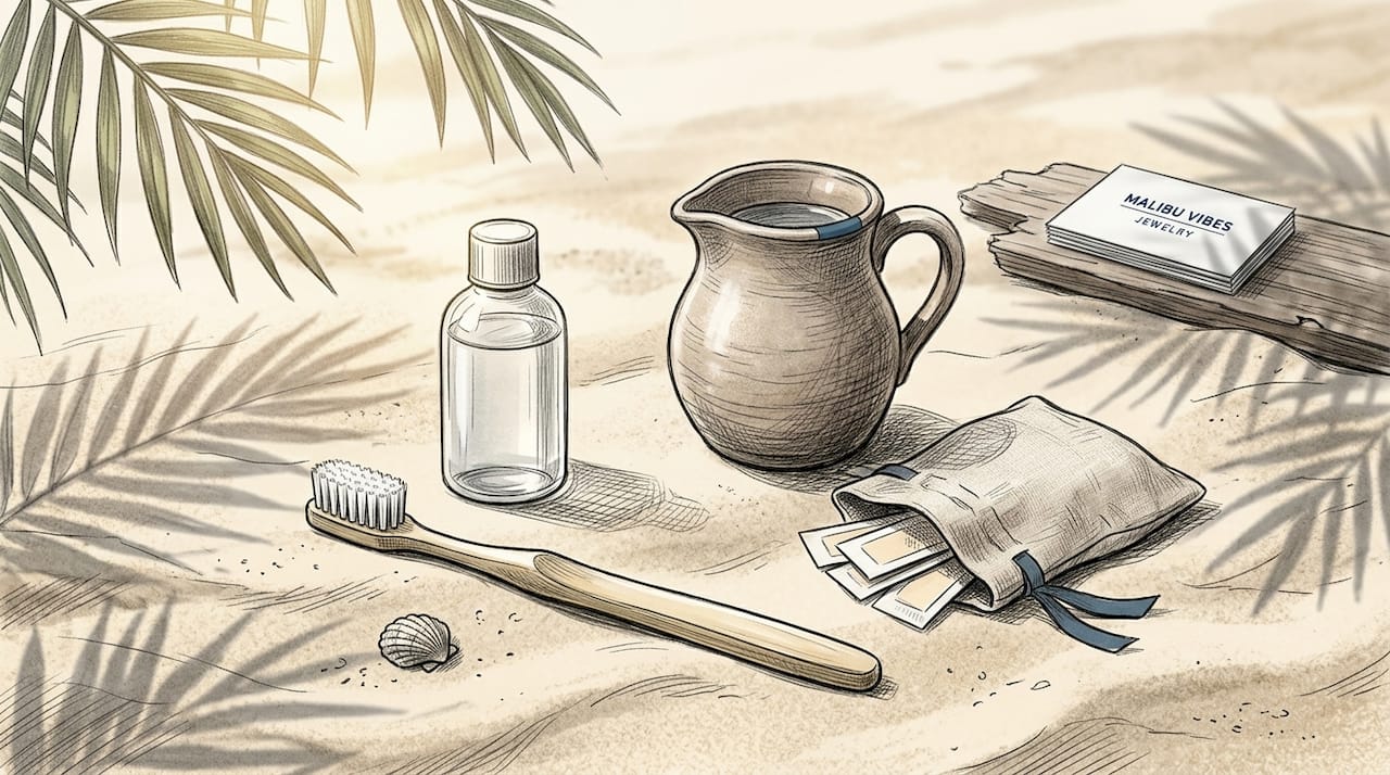 Flat lay of care tools for gold jewelry maintenance