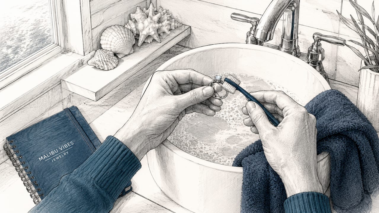 Close-up hands cleaning diamond ring over sink