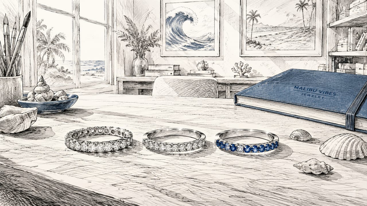 Collection of eternity ring styles on marble counter