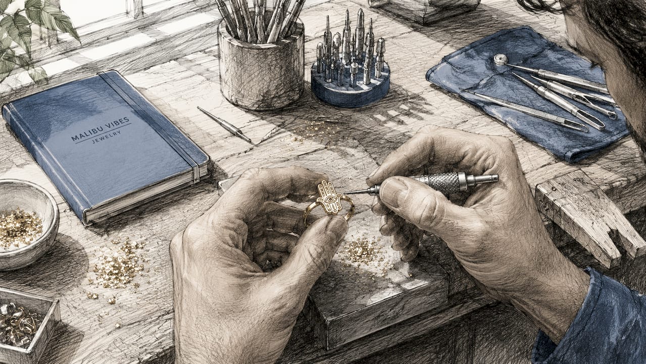 Artisan hand crafting 14k gold hamsa ring