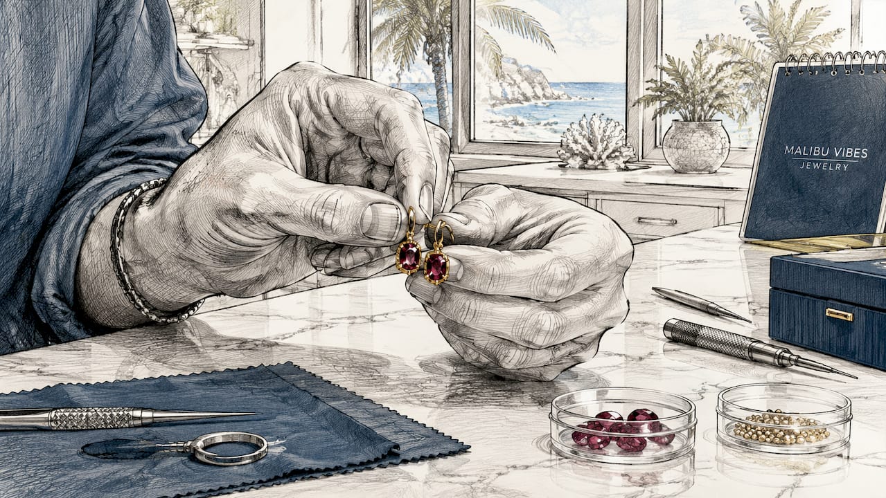 Jeweler’s hands holding gold ruby earrings