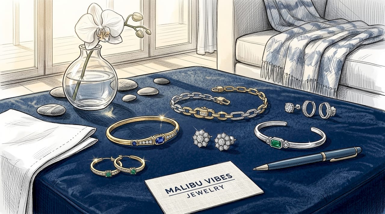 Flat lay of fine jewelry precious metals and gemstones